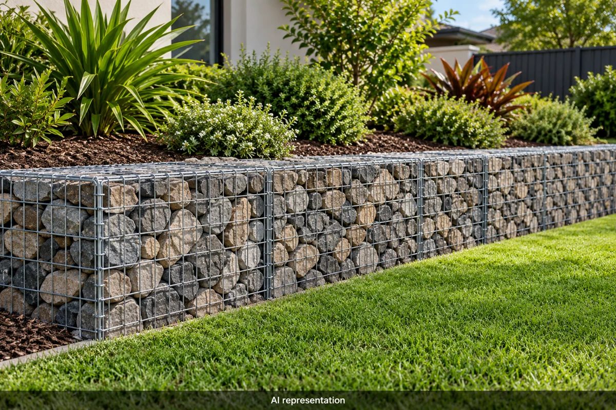 AI representation of gabion baskets in an Australian-style garden