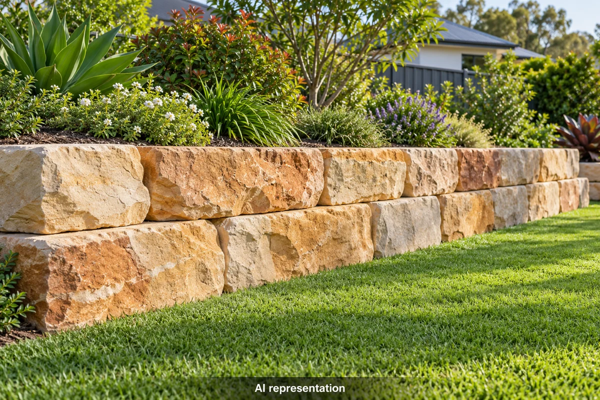 AI representation of sandstone blocks and rock walls in an Australian-style garden