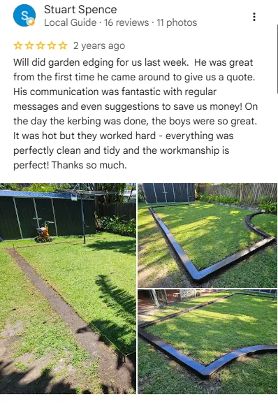 Original five-star Google review screenshot from Stuart Spence with garden edging and communication feedback