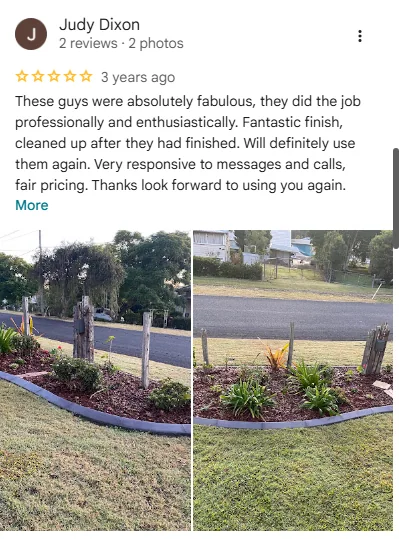 Original five-star Google review screenshot from Judy Dixon with garden edging feedback