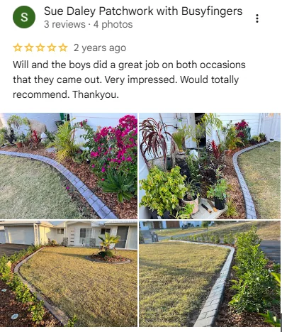 Original five-star Google review screenshot from Sue Daley Patchwork with Busyfingers with garden edging feedback