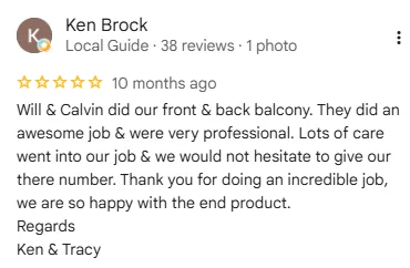 Original five-star Google review screenshot from Ken Brock with concrete balcony feedback