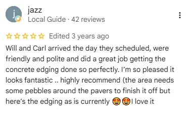 Original five-star Google review screenshot from jazz with concrete edging feedback