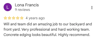 Original five-star Google review screenshot from Lona Francis with garden edging feedback