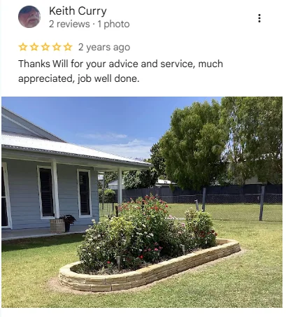 Original five-star Google review screenshot from Keith Curry with garden landscaping feedback
